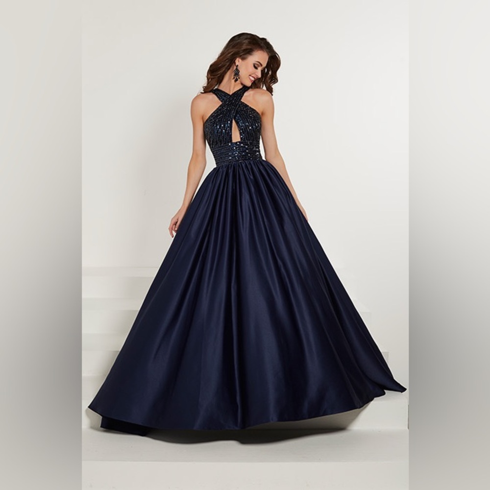 Tiffany Designs by Christina Wu 16327 navy blue long dress beaded top size 10